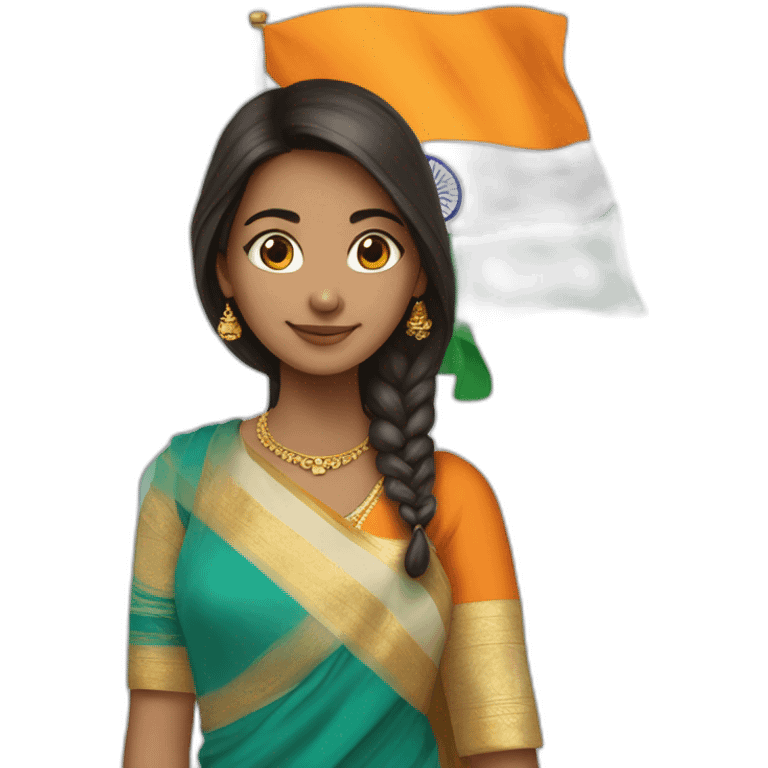 A girl wearing saare , and holding India flag ￼ emoji