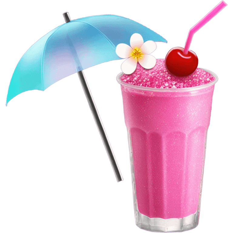 Hot pink smoothie with glitter, cherry blossom, and straw with umbrella  emoji