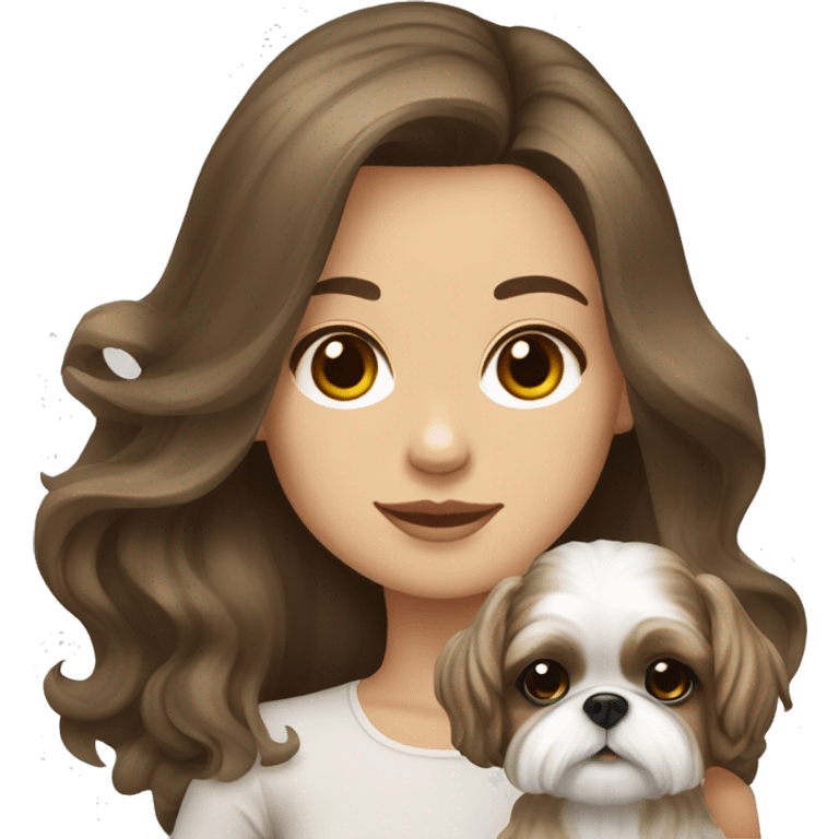 Young brunette hair woman with a cream shih tzu in her arms long wavy hair emoji