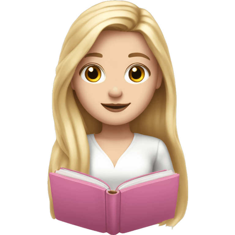 white girl, long long blonde hair, pink book in hand, white dreas emoji