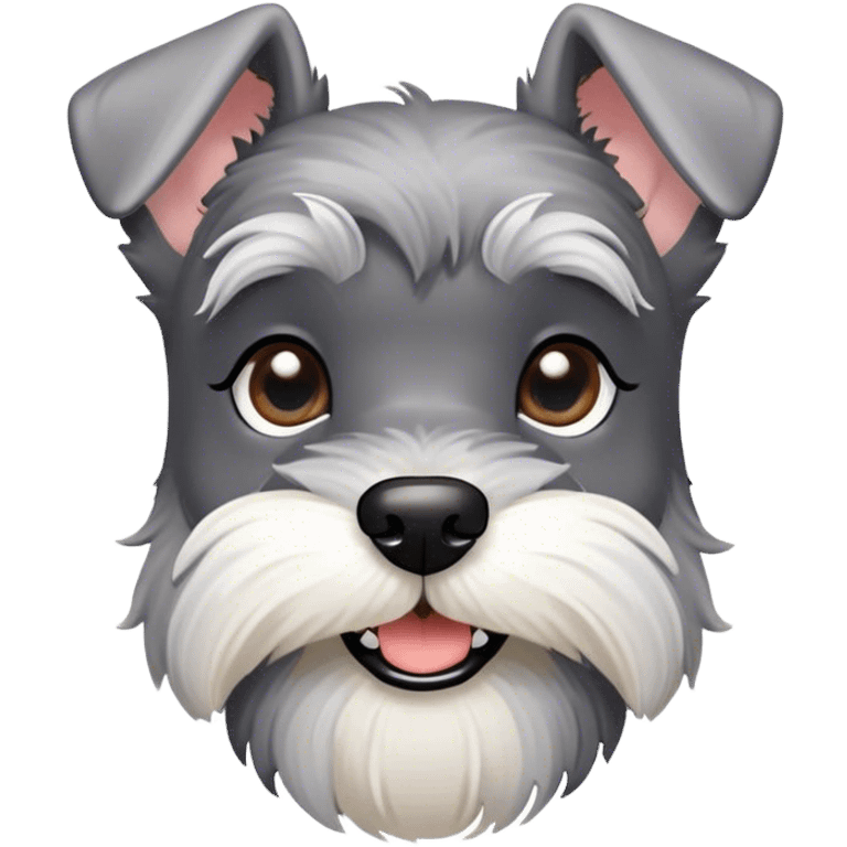 Cinematic Cute Miniature Schnauzer Portrait Emoji, Head cheerfully cocked with expressive, twinkling eyes and a neatly trimmed, adorable salt-and-pepper fur, simplified yet endearingly detailed, glowing with a bright, friendly radiance, high shine, exuding smart and spunky charm, styled with a delicate, whimsical outline, capturing the essence of a cute Miniature Schnauzer that appears ready to scamper off the screen with delightful energy! emoji