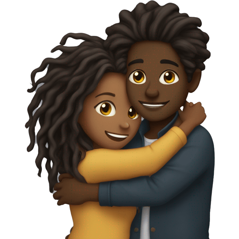 Brown girl with wavy hair hugging black boy who has dreads  emoji