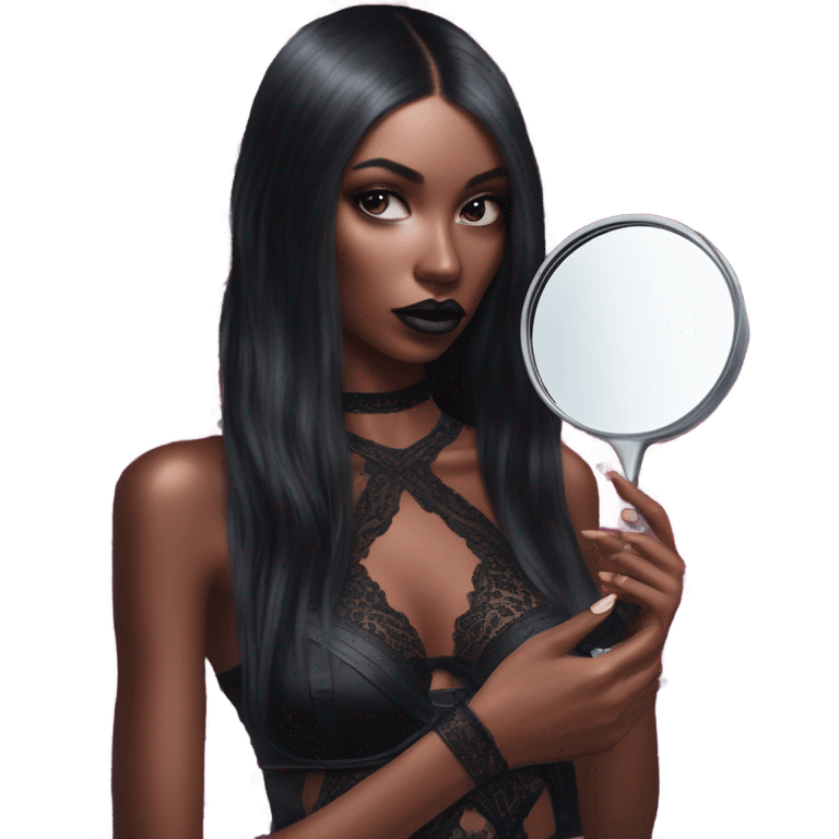 Hyper Realistic Goth victoria secret model looking into a handheld mirror  emoji