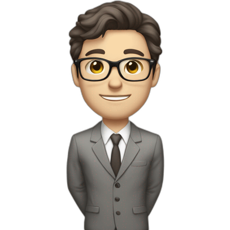 Full height Pale skinned Fit Man With dark brown hair in classic gray suit, beige office shirt, dark gray tie, and vintage glasses. Thrumbs of his palms directed up emoji