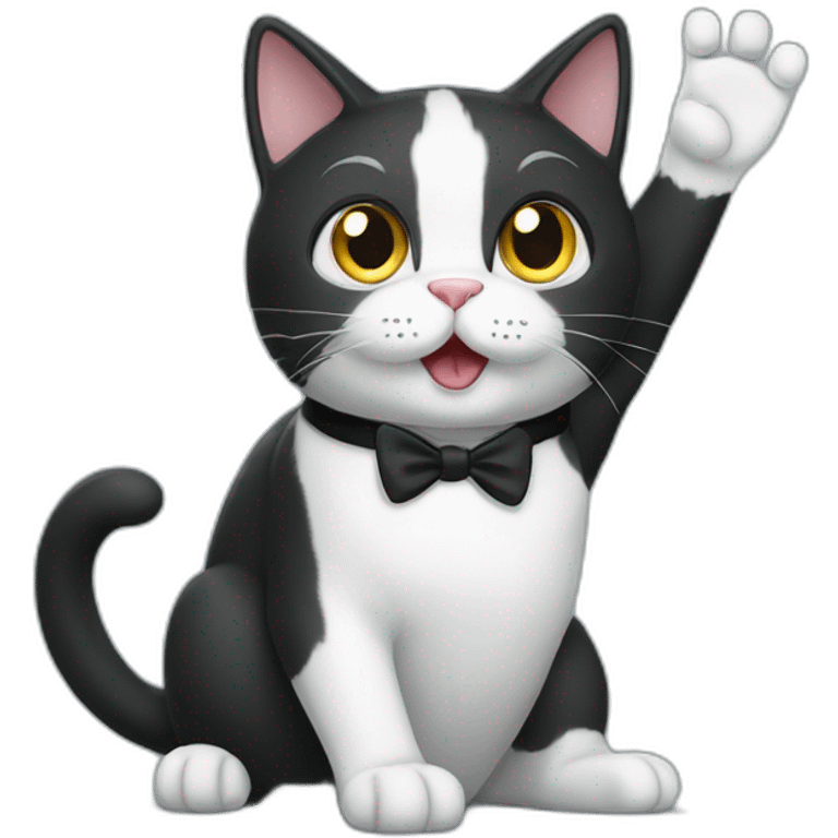 Tuxedo cat waving hello emoji