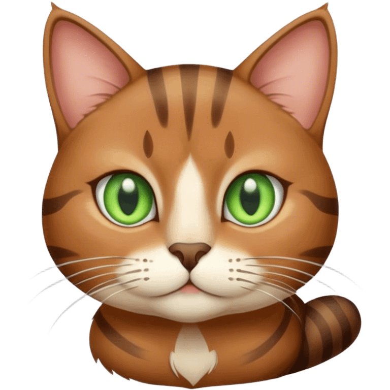 a brown cat with a white chin and white cheeks but striped and green eyes emoji