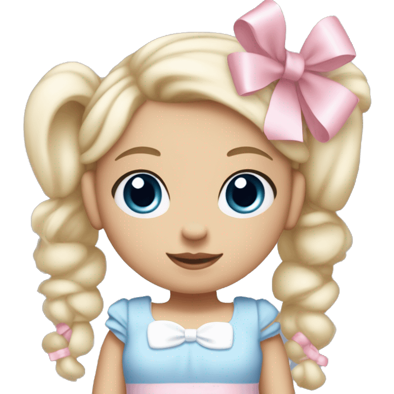 Little  babygirl with White skin, blue eyes. Light blonde hair in two ponytails, with light pink bows.  She is wearing a light pink and White dress, holding a teddybear with a pink bow. emoji