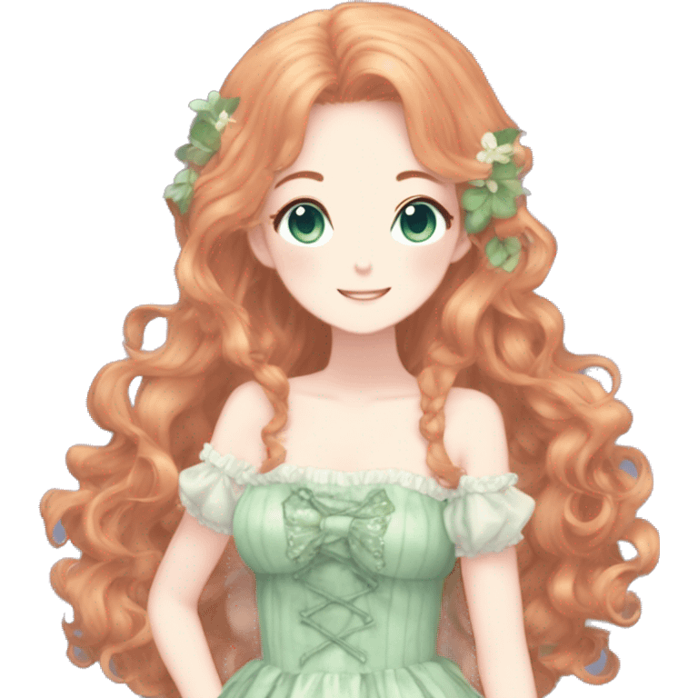 gorgeous pretty attractive anime lady beautiful hair with gorgeous dress fairycore cottagecore pastelcore detailed high quality trending VOGUE aesthetic full body ginger hair blue green eyes emoji