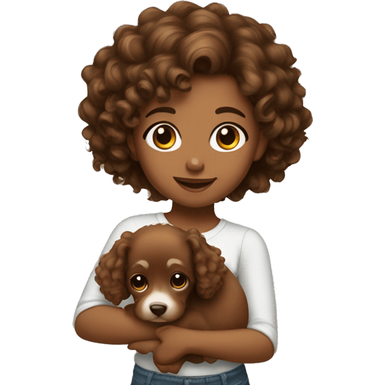 Brownskin girl with curly hair holding brown puppy emoji