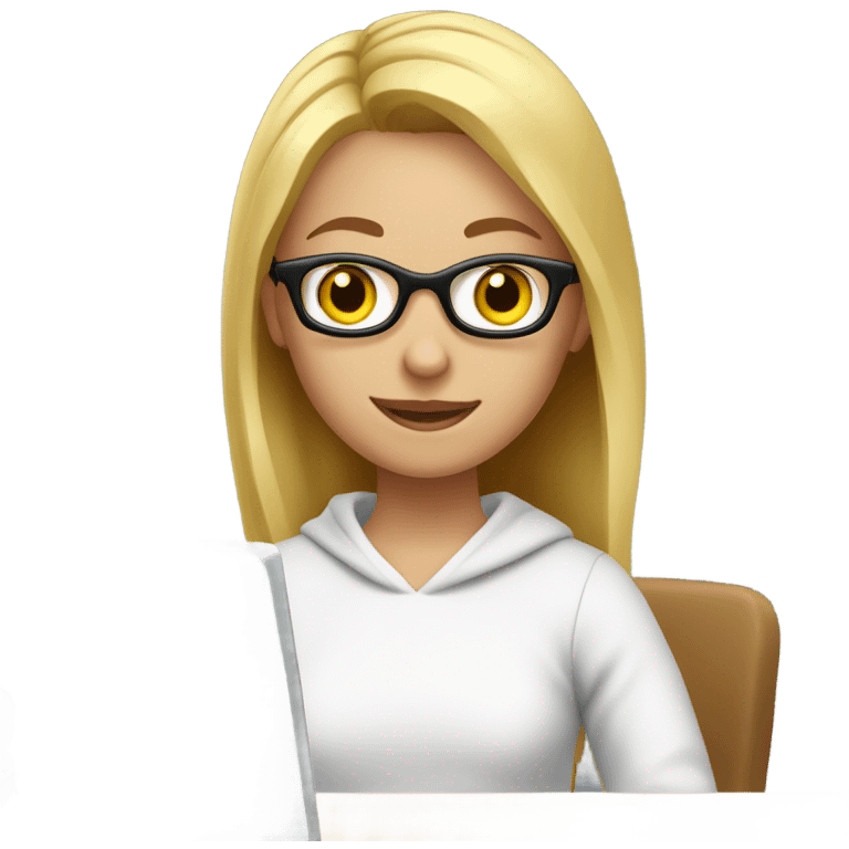 A girl tutor with glasses and blonde hair is sitting at a computer in a white sweatshirt emoji