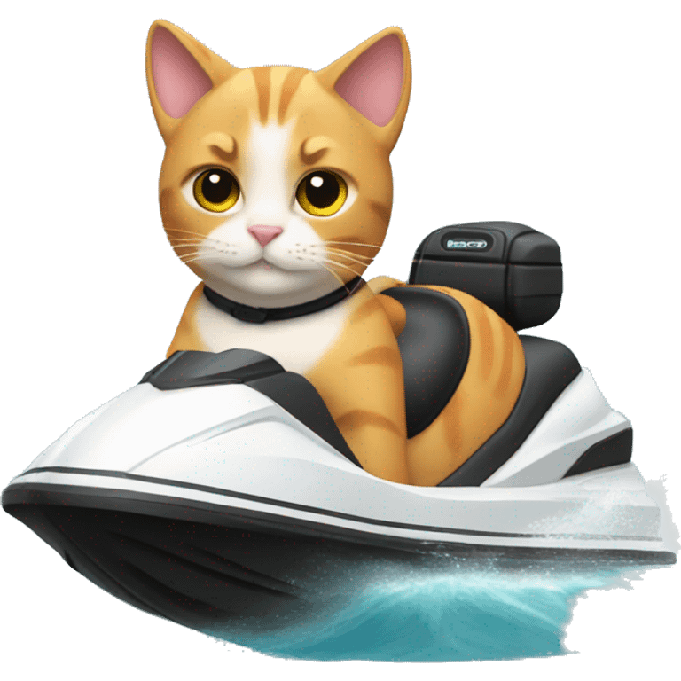 cat wearing a hamber bun and sitting on a jetski emoji