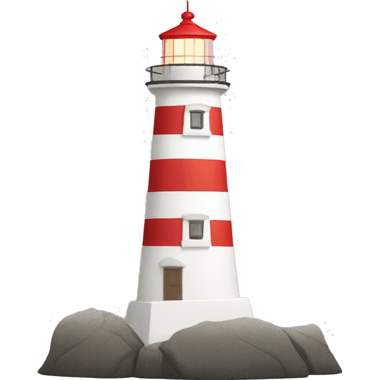 White lighthouse with 2 red stripes on rock emoji