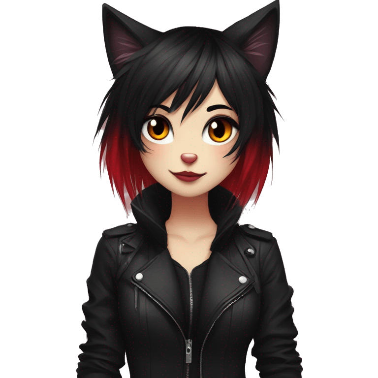 Anthro Edgy Cool Beautiful Black Cat-Fursona with Emo Hair-bangs with Red Streaks emoji