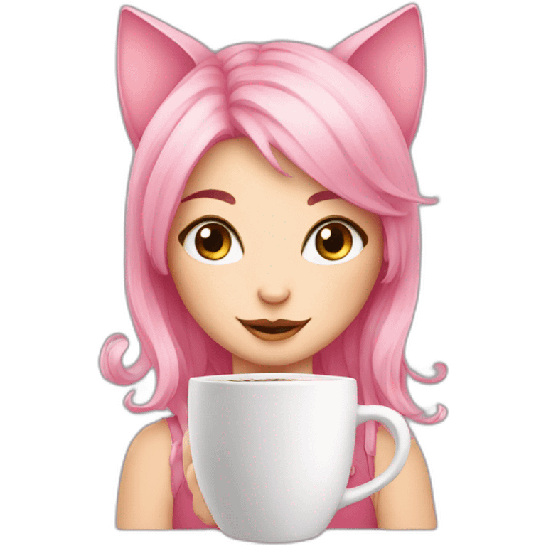 cute pink hair cat girl with coffee emoji