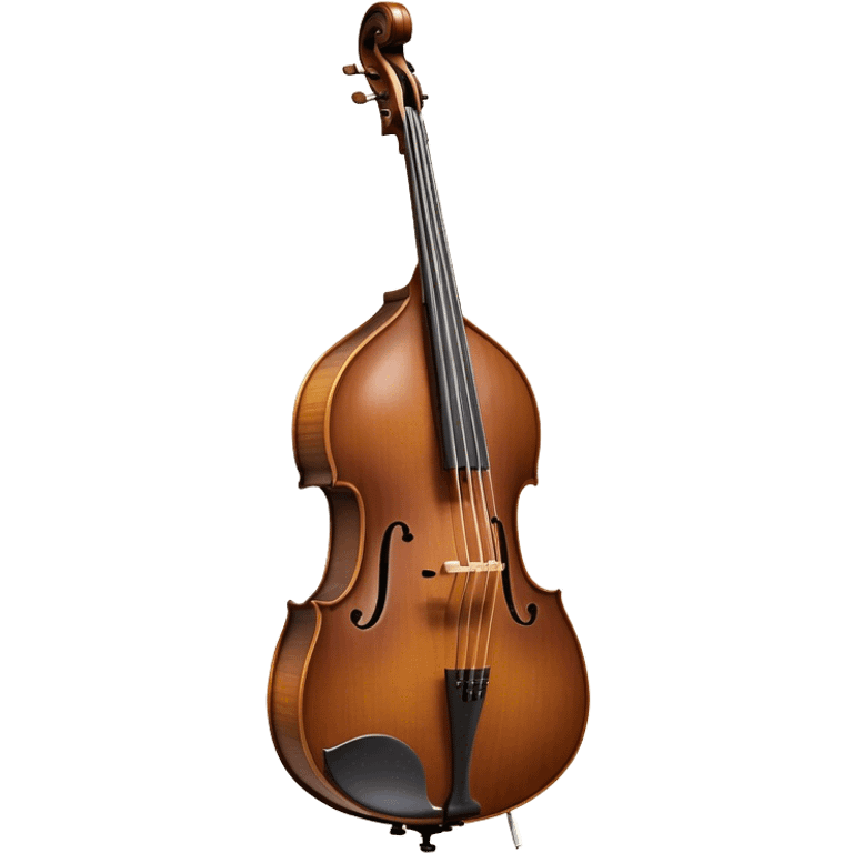 Create an elegant and detailed emoji representing a double bass with a bow. The design should feature the large, curved wooden body of the double bass with rich, dark wood tones and a smooth, polished finish. Include the long neck and scroll at the top of the instrument, with metal tuning pegs clearly visible. The bow should be shown beside or lightly touching the strings, emphasizing the role of the bow in producing sound. Add subtle musical notes or sound waves around the instrument to evoke its deep, resonant sound. Use warm tones like brown, gold, and ebony for the wood, with metallic accents for the strings and fittings. The background should be transparent. emoji