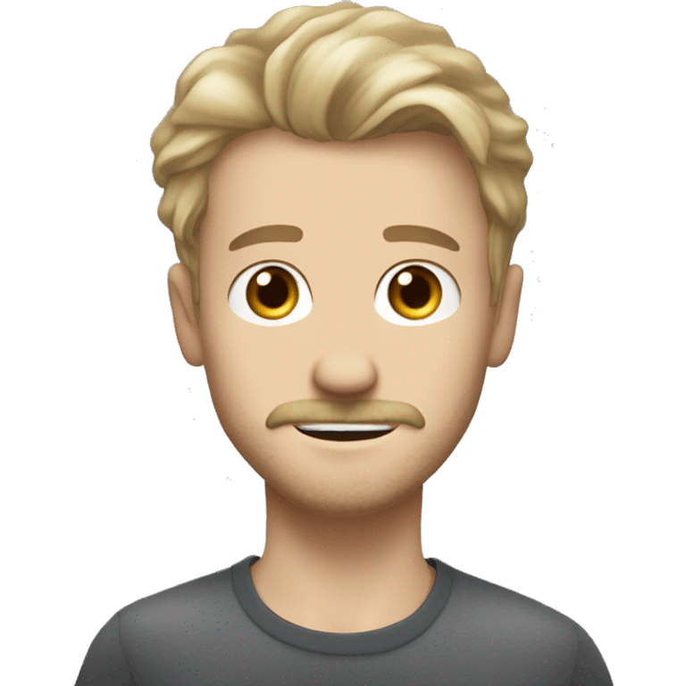  young white man with dirty blond hair light beard with mustache little piece of hair that bends over middle part, British expressions, spooky expressive grey eyes emoji