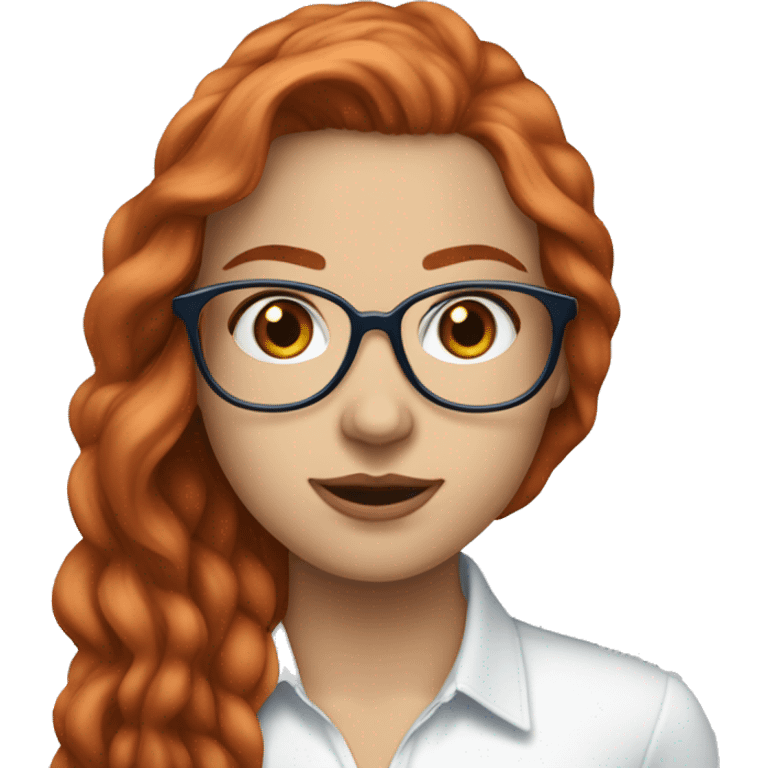 White-girl-with-long-hair-red-head-eyes-blue-wearing-wire-rim-glasses-blouse-formal-white emoji