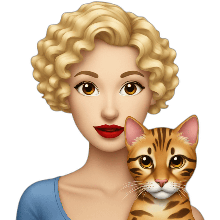 pretty-curly-blonde-woman-red-lips-with-cat-bengal emoji