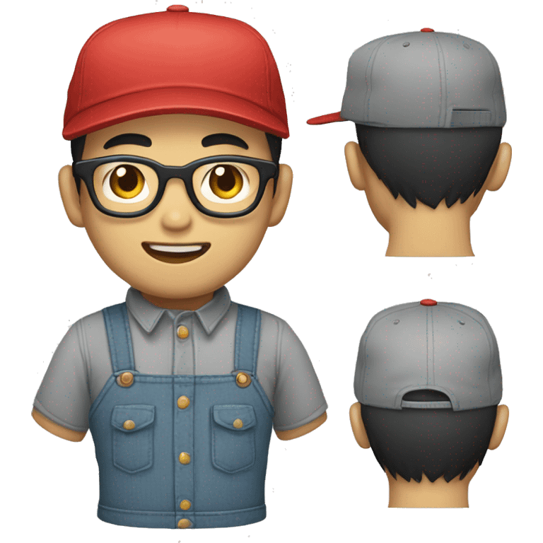 An Asian man with a beard and glasses, wearing an overalls and a button-up shirt and a dark cap with a red letter "M" design emoji