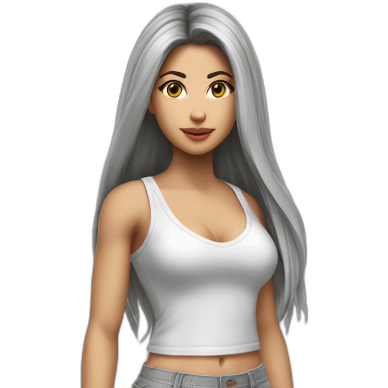 hyperrealistic shakira, long straight hair, white deep v-neck crop tanktop, gray tight mini skirt, frontal body view emoji