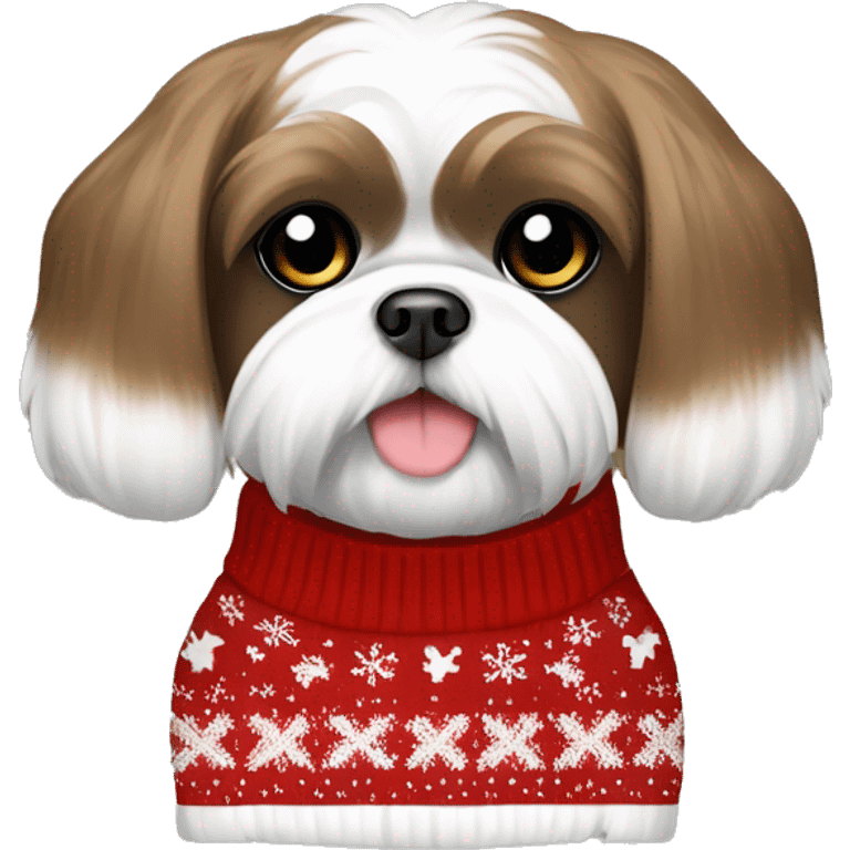 Brown and white Shih Tzu bow in hair wearing Christmas sweater emoji