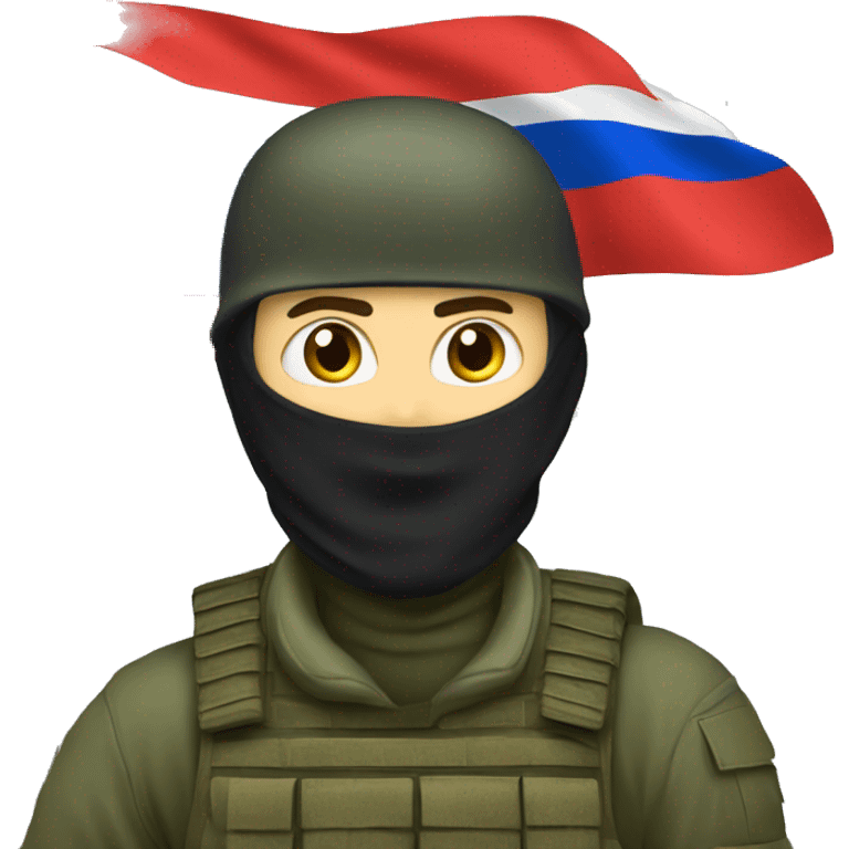 russian soldier with balaclava standing next to russian flag waving emoji