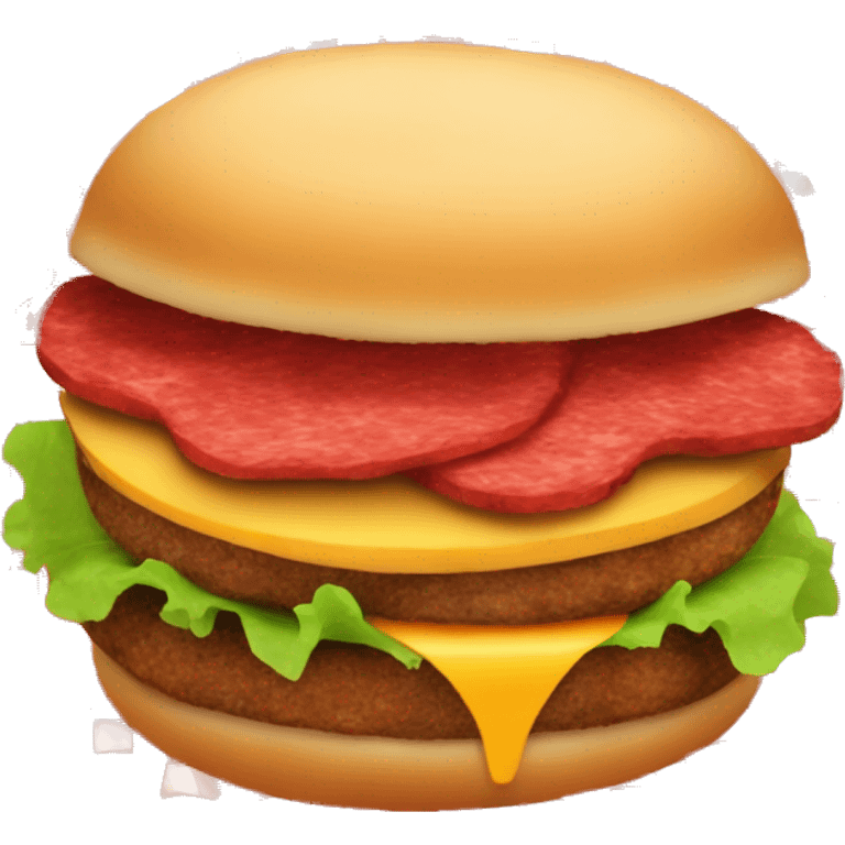 A meat patty sandwiched between two potato slices in red sauce emoji