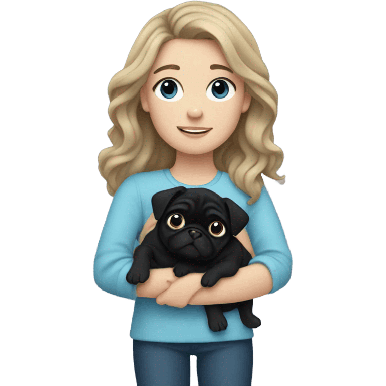 Girl with wavy dark blonde hair and blue eyes holding a black pug emoji