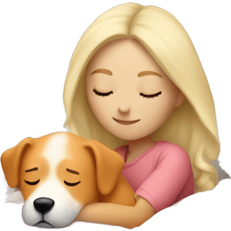 White blonde girl who sleeping peacefully with his orange dog in a bed with a white pillow and a pink blanket emoji