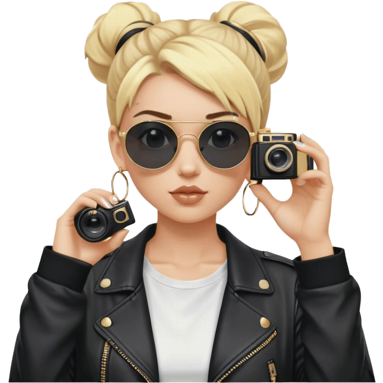 Blonde white girl with film camera wearing blackout sunglasses where you can’t see her eyes with a high bun. She’s wearing a white t shirt and a black baggy leather jacket. Give her only one camera that she has up to her eye taking a picture. Also give her small gold hoop earrings emoji