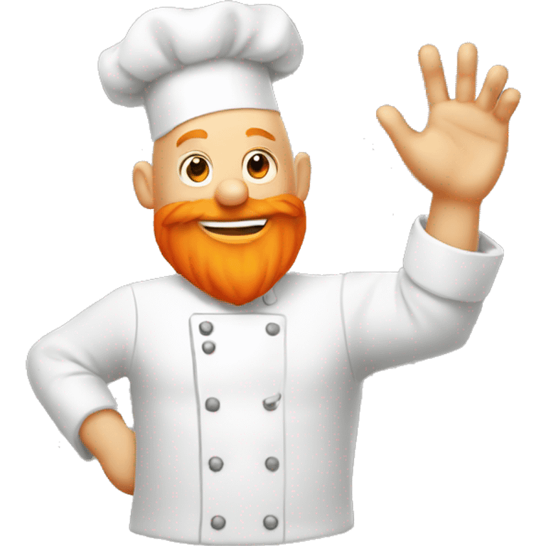 Bald man with a big orange beard dressed as a chef raises his hand in the air emoji