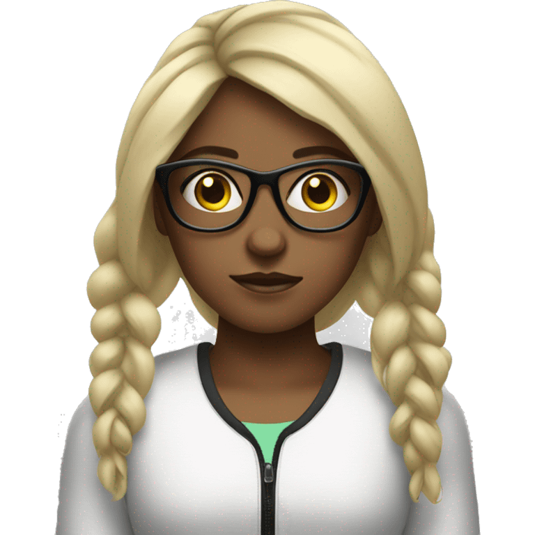 girl with totally black glasses so you can't see her eyes doing weightlifting emoji