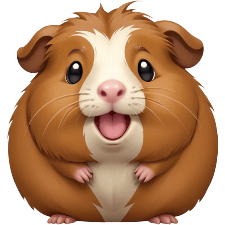 Cinematic Cute Yawning Brown Guinea Pig Portrait Emoji, Head tilted slightly with a dramatic, wide-open yawn, revealing a soft brown coat and tiny, droopy ears, round dark eyes barely open in drowsy contentment, Simplified yet irresistibly adorable features, highly detailed, glowing with a soft, cozy glow, high shine, relaxed yet expressive, stylized with a touch of whimsy, bright and endearing, soft glowing outline, capturing the essence of a sleepy yet affectionate guinea pig, so drowsy it feels like it could stretch out of the screen and curl up for a nap! emoji