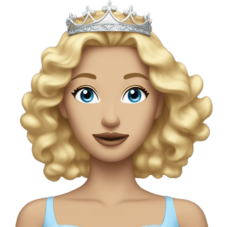 a woman with blonde wavy hair and silver crown on her head, blue eyes, wearing a long light blue ballgown emoji