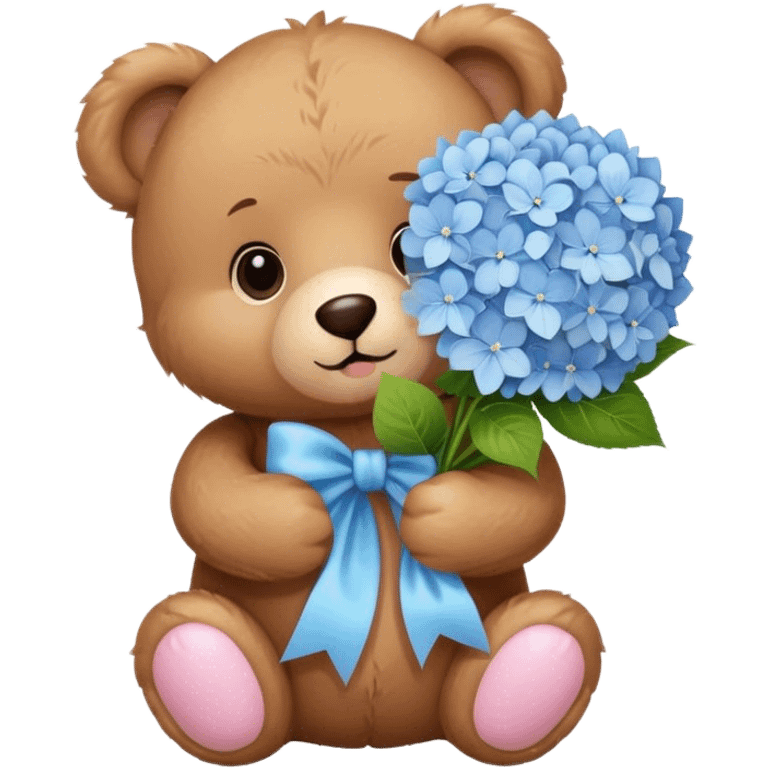 light brown teddy bear super cute holding a light pink and light blue bouquet of hydrangeas emoji