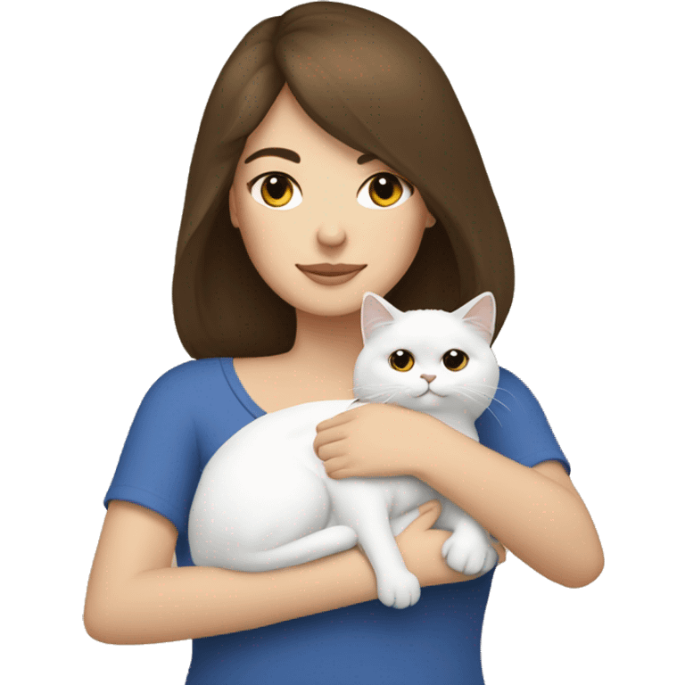 Brunette woman snuggling white Persian cat emoji