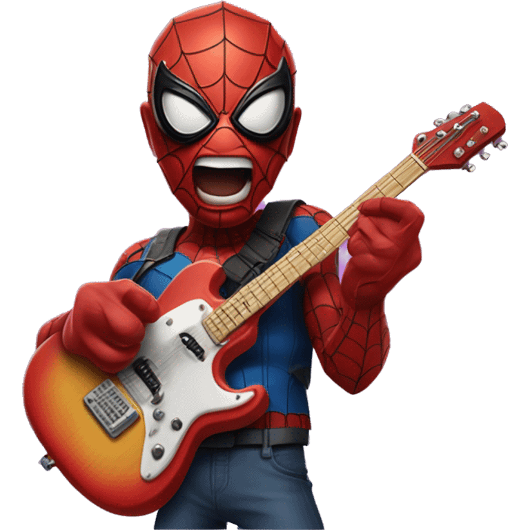 A Spider-Man with a electric guitar in his hands and his mask half off just showing his mouth with two piercings on the left and right edge of his underlip  emoji