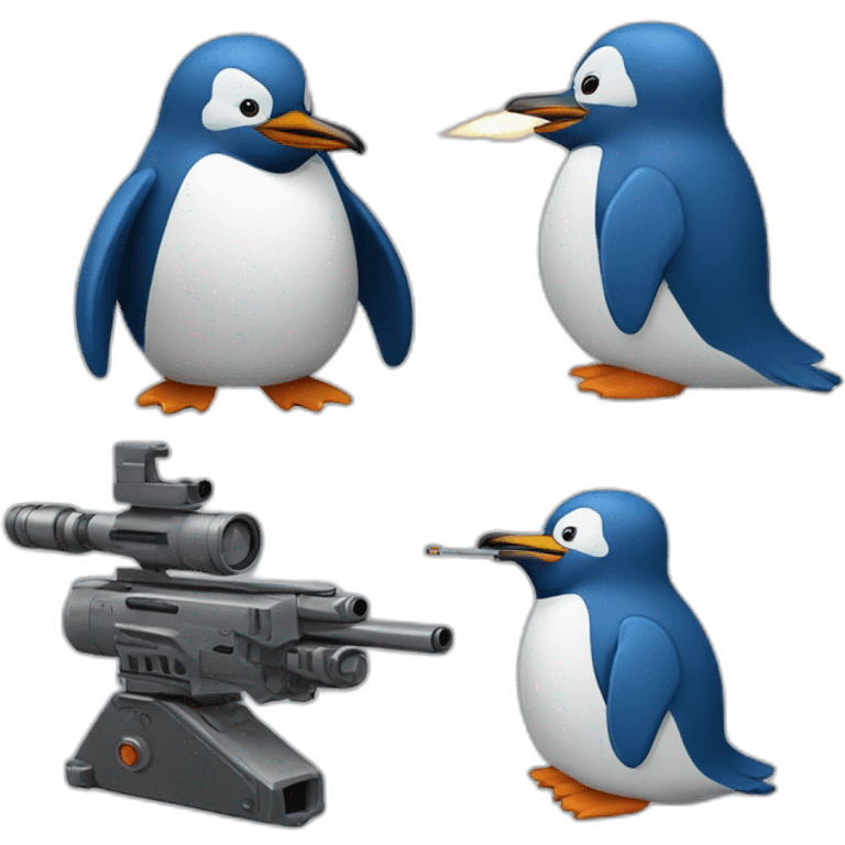 grey penguin and blue penguin shooting minigun emoji