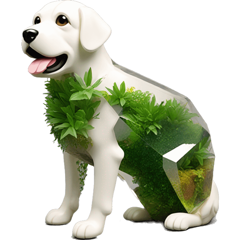 A dog made entirely of glass mirror crystals prisms glass transparent filled with plants as a terrarium emoji