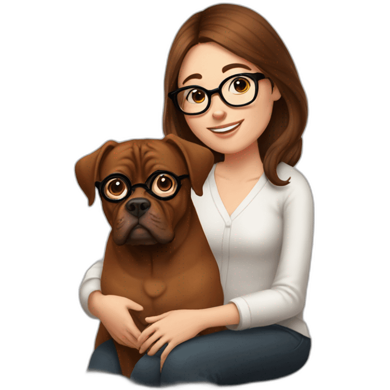 brunette girl in specs along with french mastiff on her lap emoji