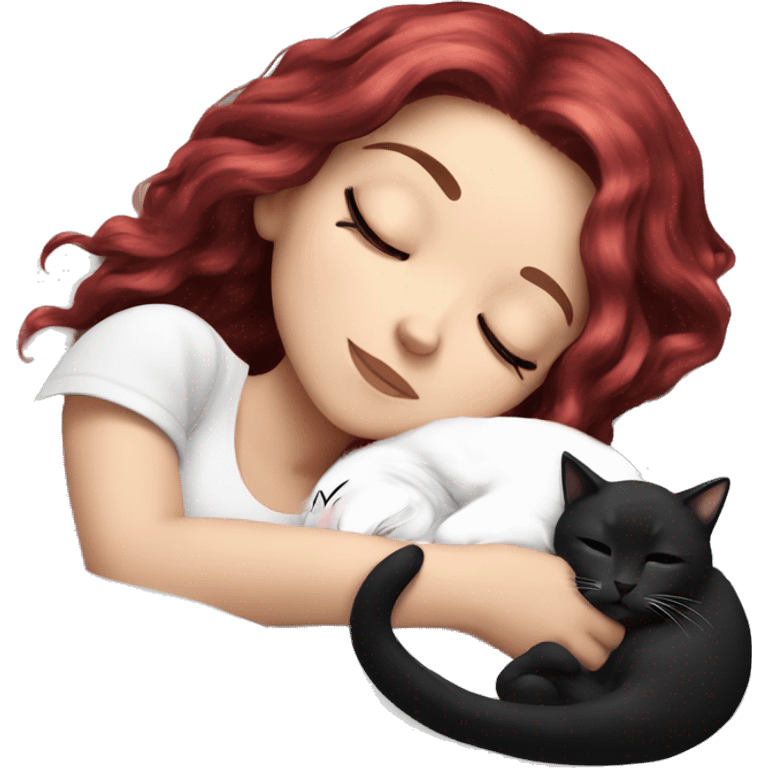 White girl ruby hair sleeping with black and white kitty emoji