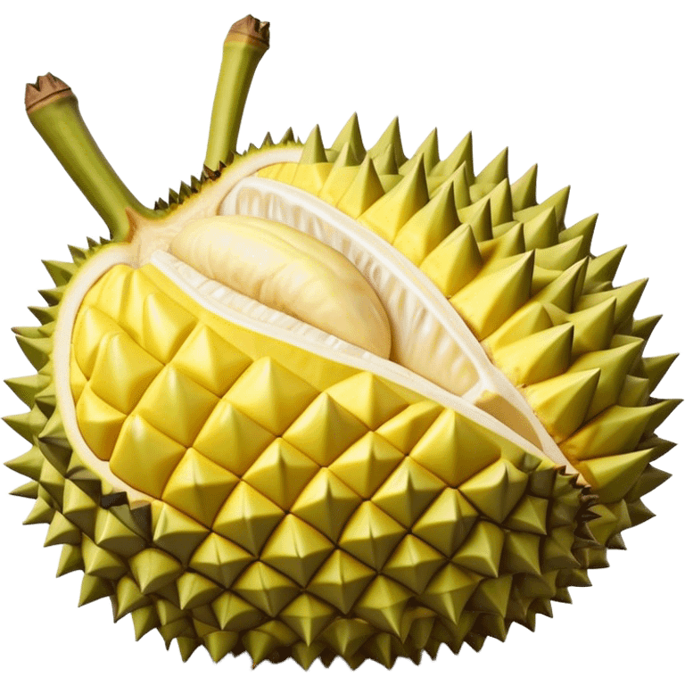 Cinematic Realistic Durian Fruit Dish Emoji, depicted as the notorious spiky fruit with a rich, custardy interior rendered with lifelike detail and bold, distinctive lighting. emoji