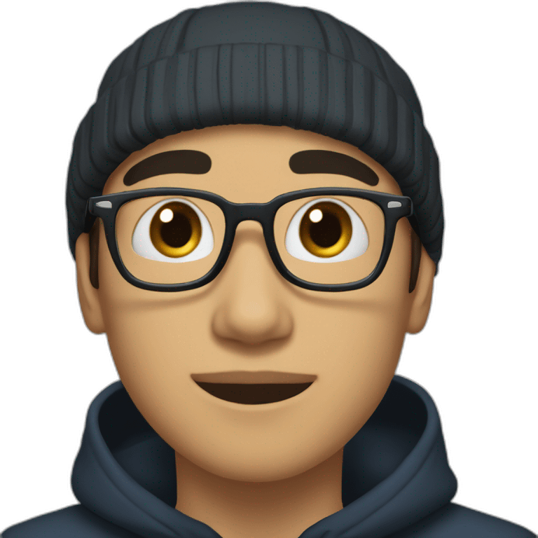 a light skin Pakistani teenager, wearing round glasses, short moustache, black hair, black jumper/sweater, structured manly face, blue islamic cap emoji