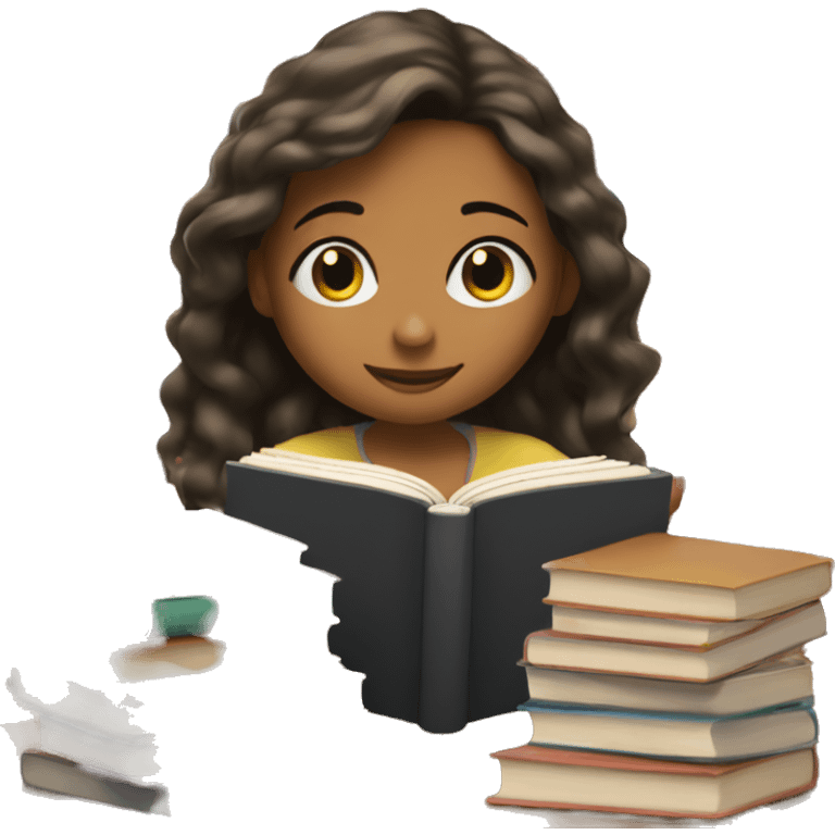 girl reading a book with bunch of books in the back emoji