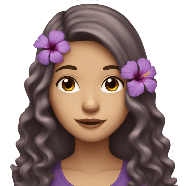 teen white girl with long wavy brown hair and a purple hibiscus flower in her hair emoji