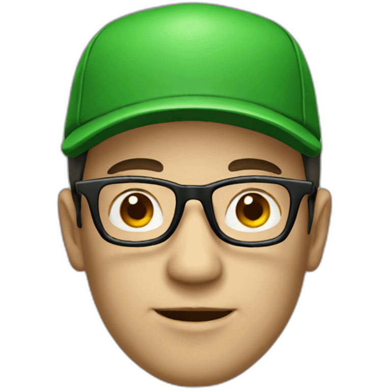 man with glasses a green hat with a white M emoji