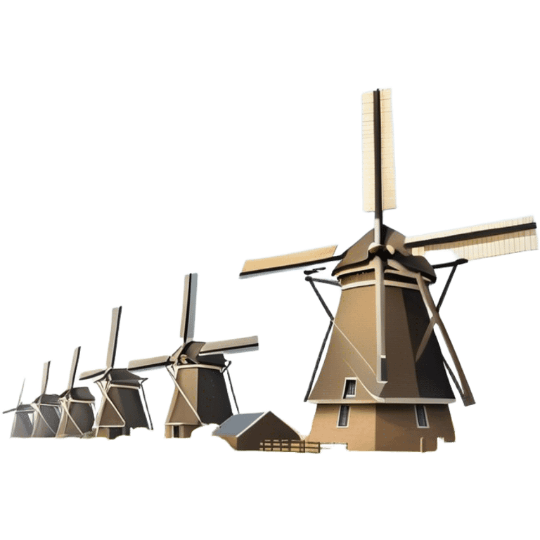 Cinematic Realistic Kinderdijk Windmills Landmark Emoji, depicted as a row of classic Dutch windmills set against a serene sky rendered with detailed textures and soft natural lighting. emoji