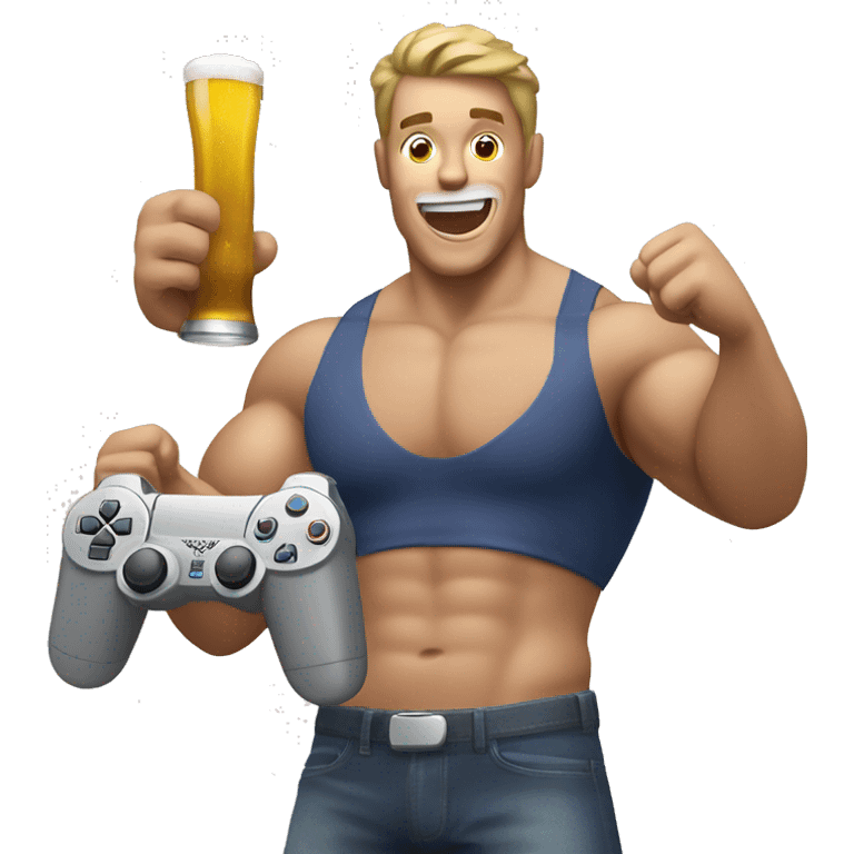 Muscular white man cheering with a PlayStation controller in his hand and a beer in his hand emoji