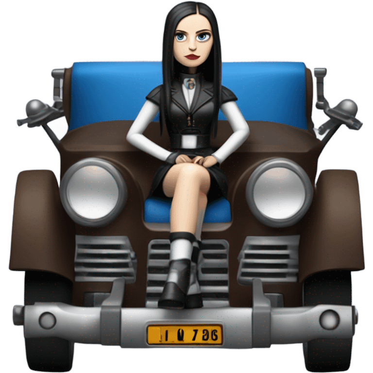 Jedi bounty hunter Wednesday Addams racing sitting in a modern blue,red and pewter steampunk electric luxury emoji