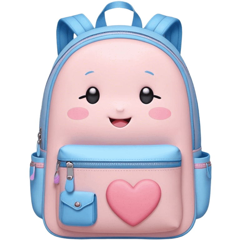 Cute Kawaii Backpack, round and chubby, soft pastel pink and blue, tiny heart-shaped zippers, blushing cheeks, a tiny smiling face, a happy school-time companion! emoji